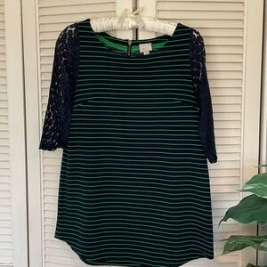 Anthropologie Postmark Striped Navy and Green Tunic with Lace Sleeves